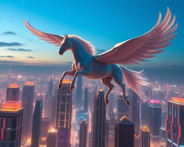 Pegasus Flies Over Futuristic Cityscape with Neon Lights