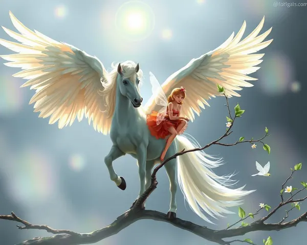 Pegasus and Fairy Perched on Branch with Halo of Light