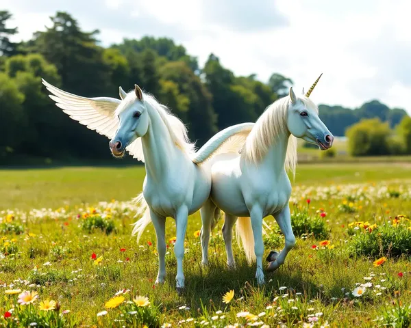 Pegasus and Unicorn Stand Together in Lush Meadow