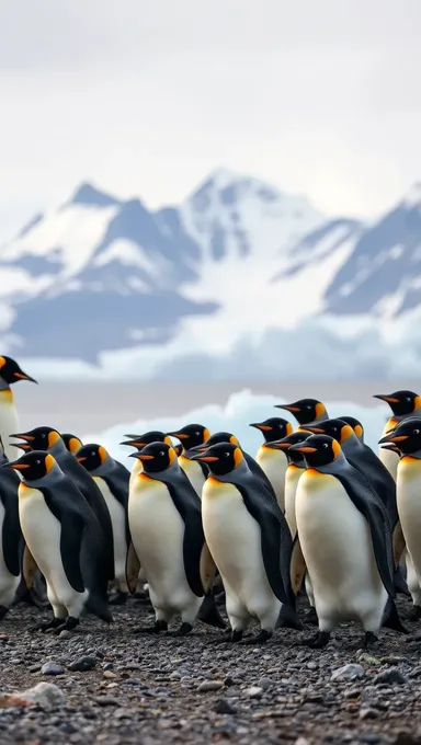 Penguins Waddle Along Antarctic Coast with Icy Backdrop