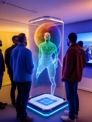 People Gather Around XX Com Holographic Display