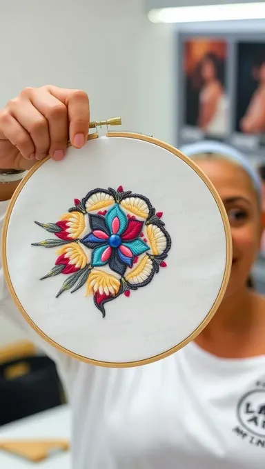 Person Admires Finished Machine Embroidery Project with Intricate Design