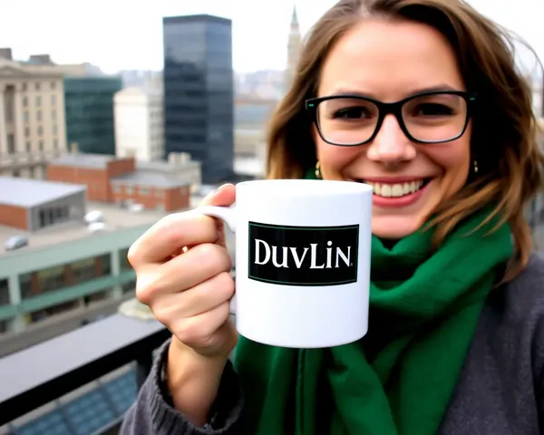 Person Holding Dublin Coffee Mug with Cityscape Background