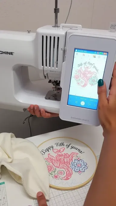 Person Operates Machine Embroidery Machine with Design on Screen