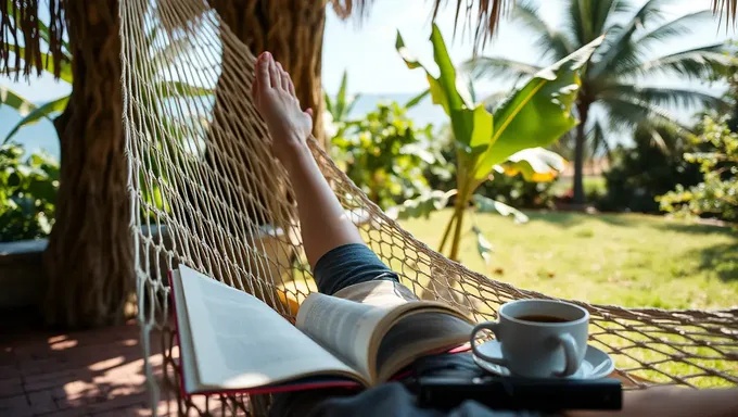 Person Relaxing in Hammock with Book and Coffee Zzzzz