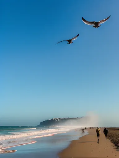 Person Walks Along Beach with Waves and Seagulls