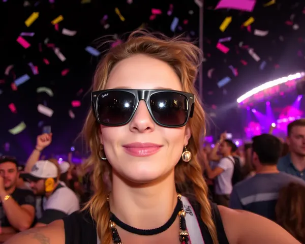 Person Wears Sexxxy Sunglasses at Music Festival with Confetti