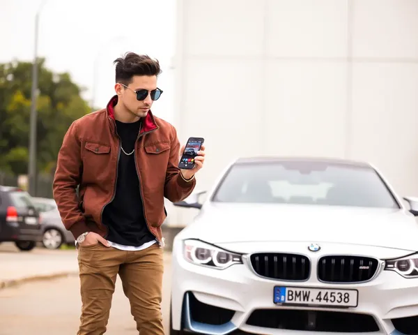 Person with BMW M4 Wallpaper on iPhone in Trendy Outfit