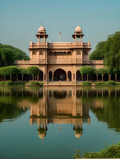 Peshwa's Palace with Intricate Carvings and Calm Lake