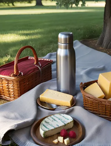 Picnic Scene with Tea and Fresh Fruit and Cheese