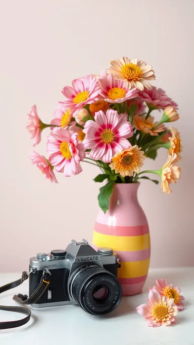 Pink Yellow Vase Retro Flowers Vintage Camera