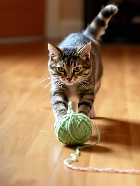 Playful Cat Chases Yarn across Hardwood Floor with Pattering Paws