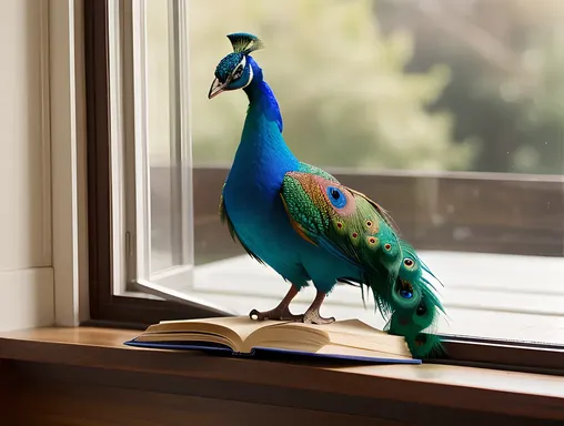 Playful Paper Peacock on Windowsill with Fresh Flowers and Poetry Book