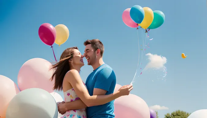 Playful Park Hug with Balloons and Streamers