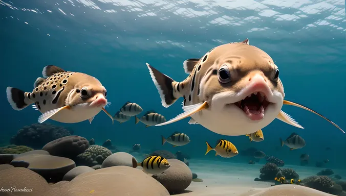 Playful Puffer Fish Chasing Small Fish in School