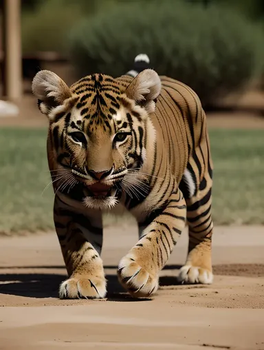Playful Tigon Cub Pounces on Yarn in Sunlit Backyard
