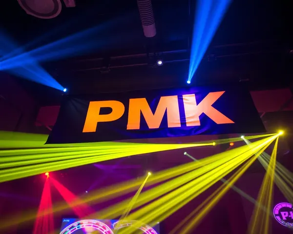 Pmk banner pulses with neon lights in trendy nightclub.