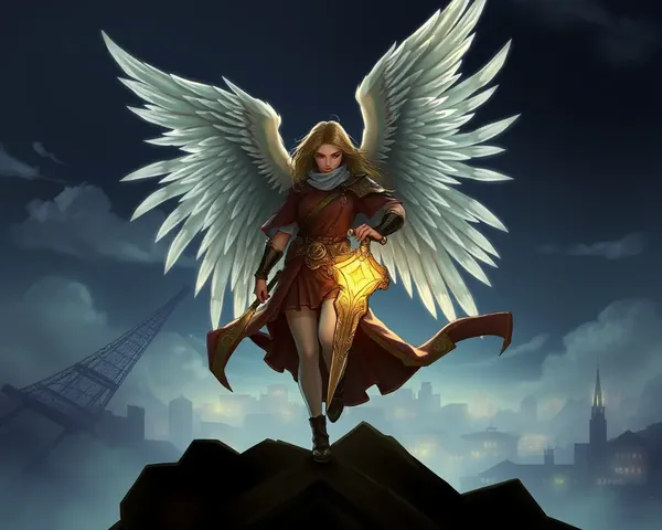 Powerful Angel with Sword in Cityscape