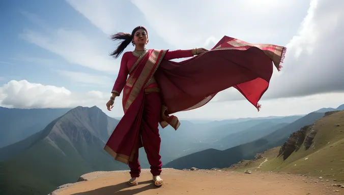 Powerful Bindusara Stands on Mountain Peak Against Strong Wind