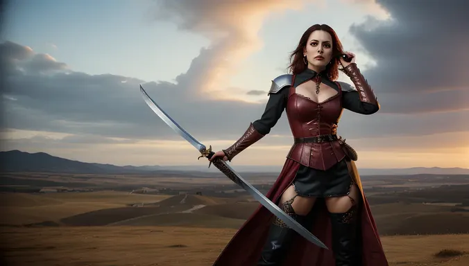 Powerful Female Vampire Wields Sword on Medieval Battlefield