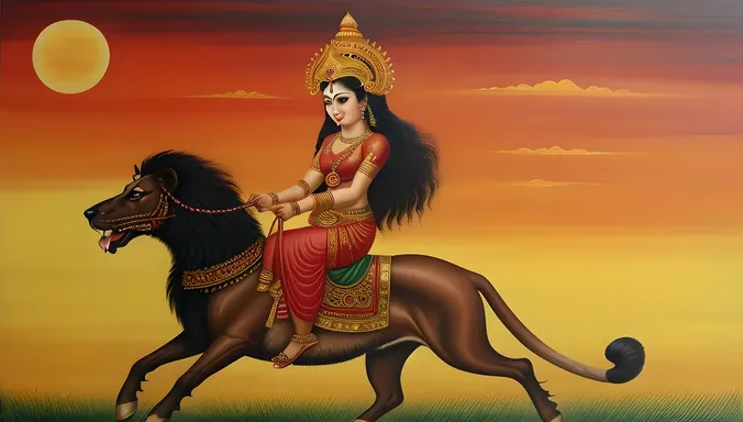 Powerful Kaliamman Riding Lion Traditional Tamil Nadu Painting