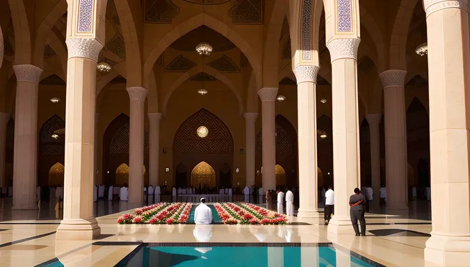 Prayers Inside Masjid Nabawi with Arches and Columns