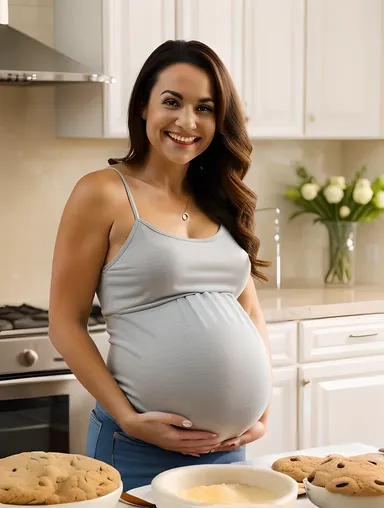 Pregnant Girl Baking Cookies in Kitchen