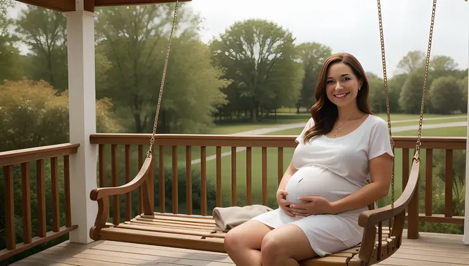 Pregnant Girl Relaxing on Porch Swing with Peaceful View