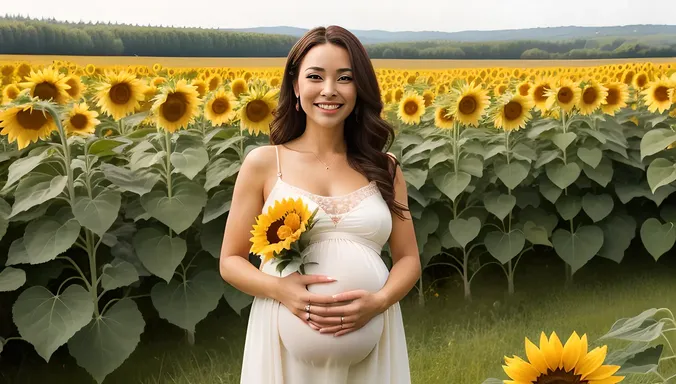 Pregnant Girl Smiling in Sunflower Field with Flowers