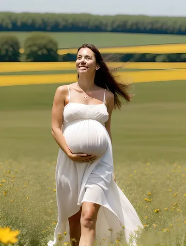 Pregnant Girl Walking through Field of Flowers