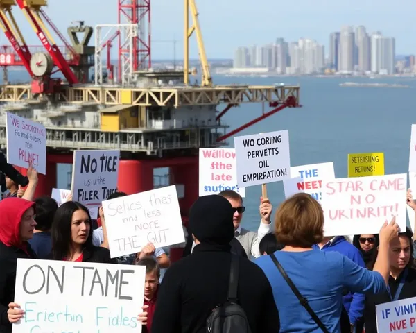 Protesters in Front of Oil Rig with City Skyline