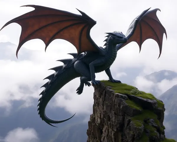 Proud Dragon Overlooks Vast Misty Valley from Cliffside