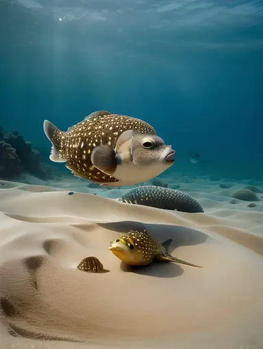 Puffer Fish in Sandy Ocean Floor with Sea Creatures