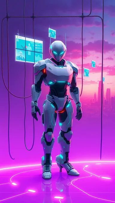 Purple Background AI Robot with Neon Lights and Holograms