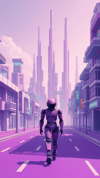 Purple Cityscape with Purple Robot Walking Down Street