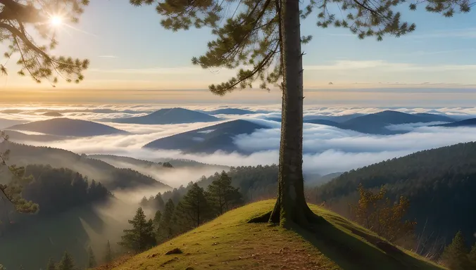 Putna Perched on Branch Over Foggy Forest