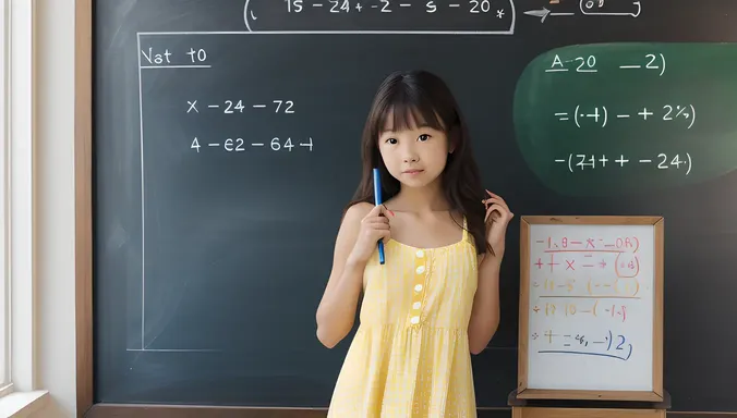 Puzzled School Girl with Math Problem and Pencil