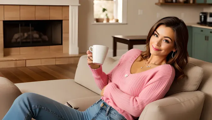 Quirky Housewife in Pink Sweater with Coffee