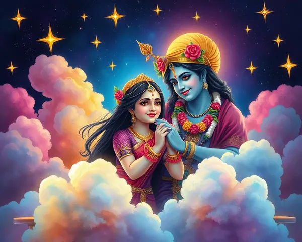 Radha Krishna Divine Love Amidst Stars Clouds