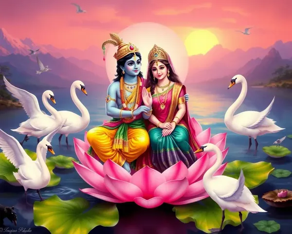 Radha Krishna Sitting on Lotus Flower with Mythical Creatures