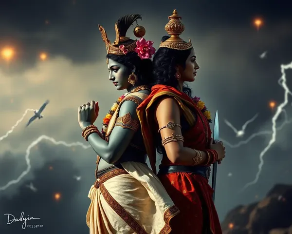 Radha Krishna Standing Back-to-Back Against Fierce Storm