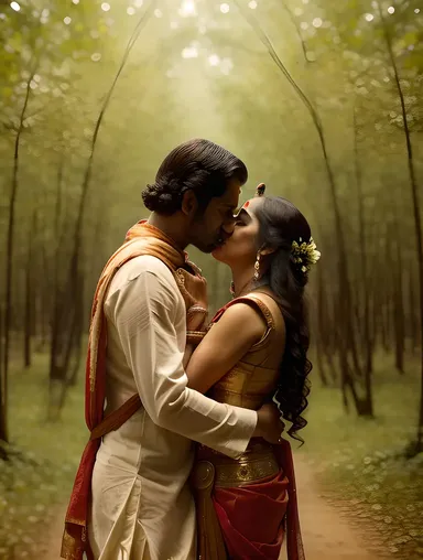 Radha and Krishna's Tender Forest Kiss