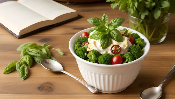 Raita Recipe Book with Fresh Herbs and Spoon