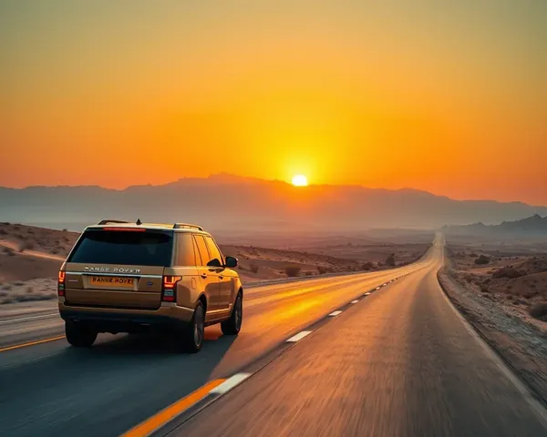 Range Rover Cruises Desert Highway with Sunset Background