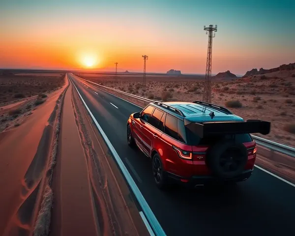 Range Rover Drives on Desert Highway at Sunset