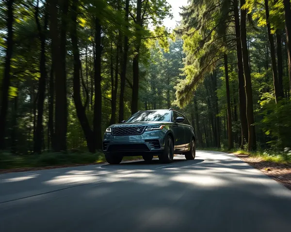 Range Rover Velar Drives Through Dense Forest with Sunlight Filtering