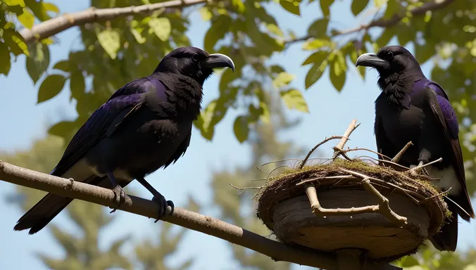 Raven's Nest in Towering Tree Filled with Twigs and Leaves