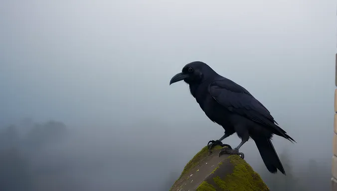 Raven's Profile Against Misty Fog with Sharp Beak