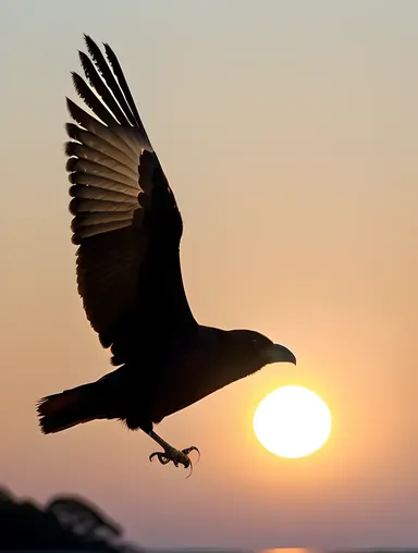 Raven Bird Soars Above Forest in Sunset Glow