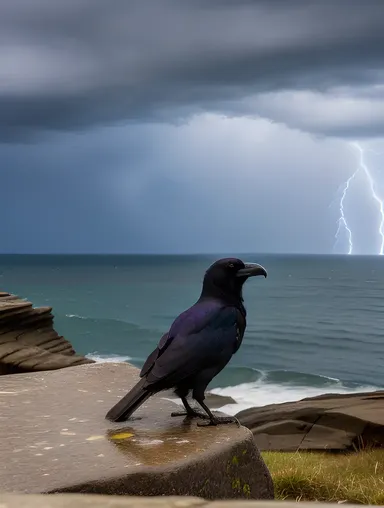 Raven Gazing Out at Stormy Sea